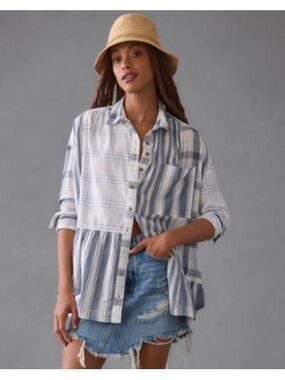 Anthropologie | Pilcro Blue/White Striped Ruffle hem Blouse Sz L/XL